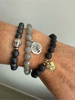 Neutral Gray & Black Beaded Charm Bracelet Set